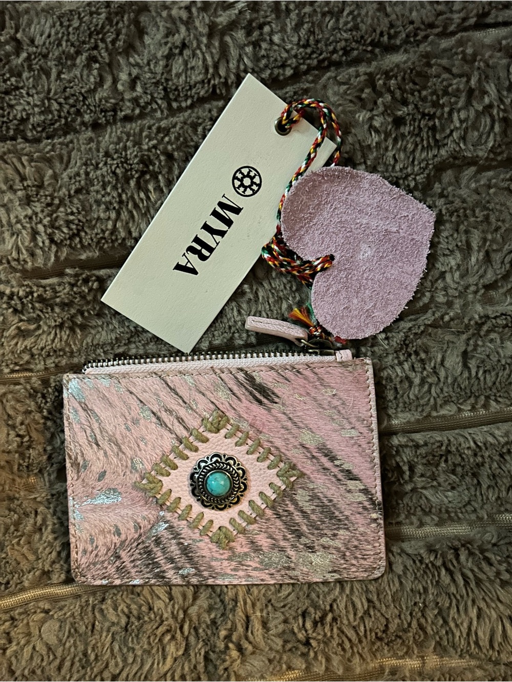 Myra Bag Pink Card Case with Turquoise Accent and Braided Charm